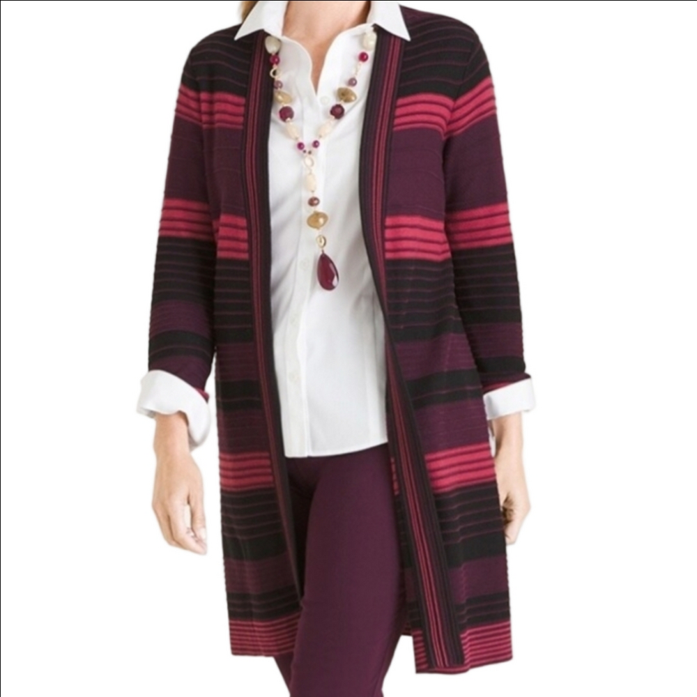 Chico's Cotton Rayon Knit Black Fuchsia Purple Stripe Open Front Long Cardigan